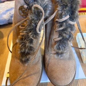 Michael Kors Brown Suede Lace-Up Boots with Fur Trim
